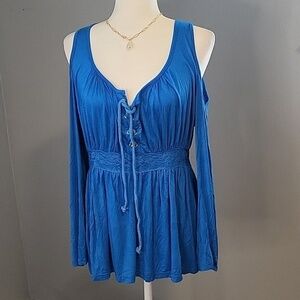 Leo Rossi Blue Tie Front Lace Trim Waist Cold Shoulder Top - Size S